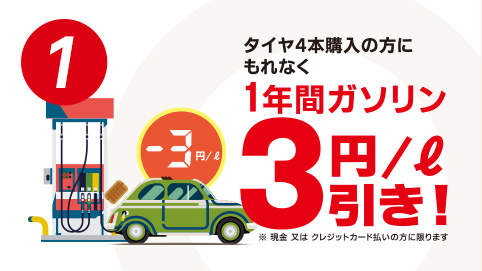 タイヤ4本購入の方、ガゾリン3円/l引き